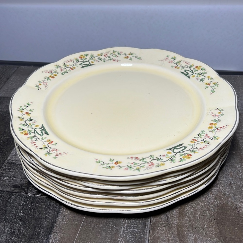 Vintage 1933 W. S. George Georgette Dinner Plate Floral Pattern Silver Rim Set 7